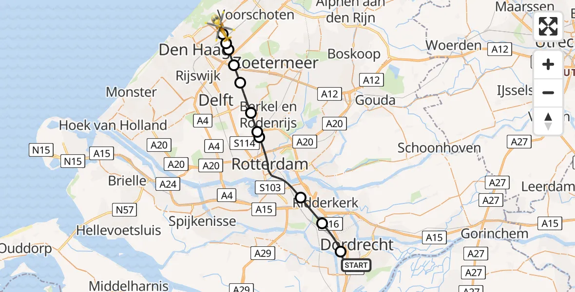 Vluchtroute Traumahelikopter van Dordrecht naar Wassenaar