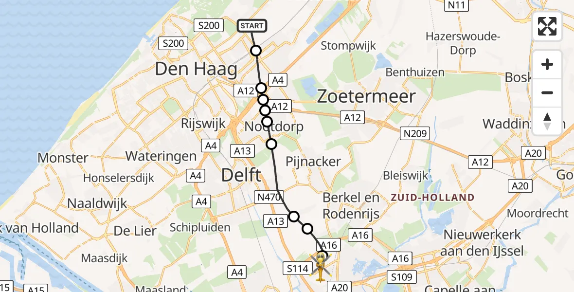 Vluchtroute Traumahelikopter van Wassenaar naar Rotterdam The Hague Airport