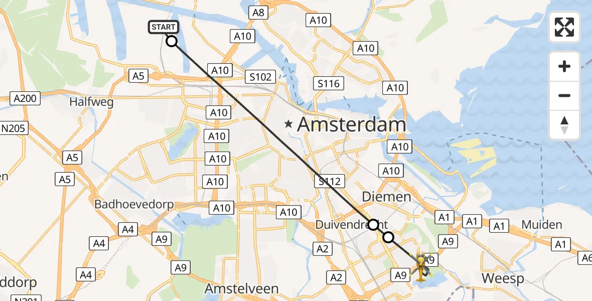 Vluchtroute Traumahelikopter van Amsterdam Heliport naar Amsterdam