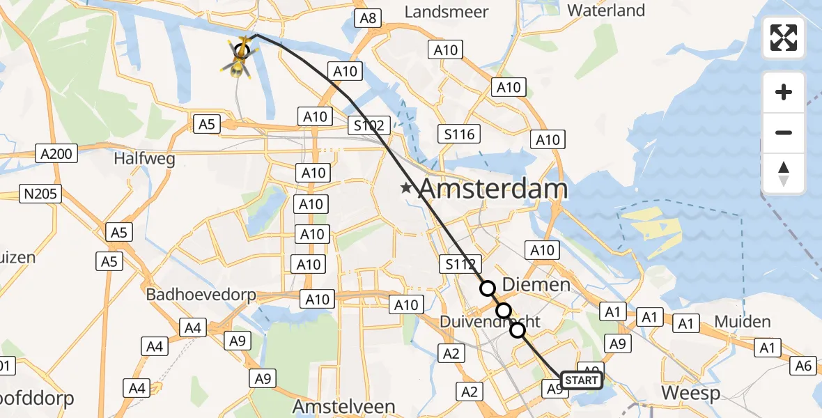 Vluchtroute Traumahelikopter van Amsterdam naar Amsterdam Heliport