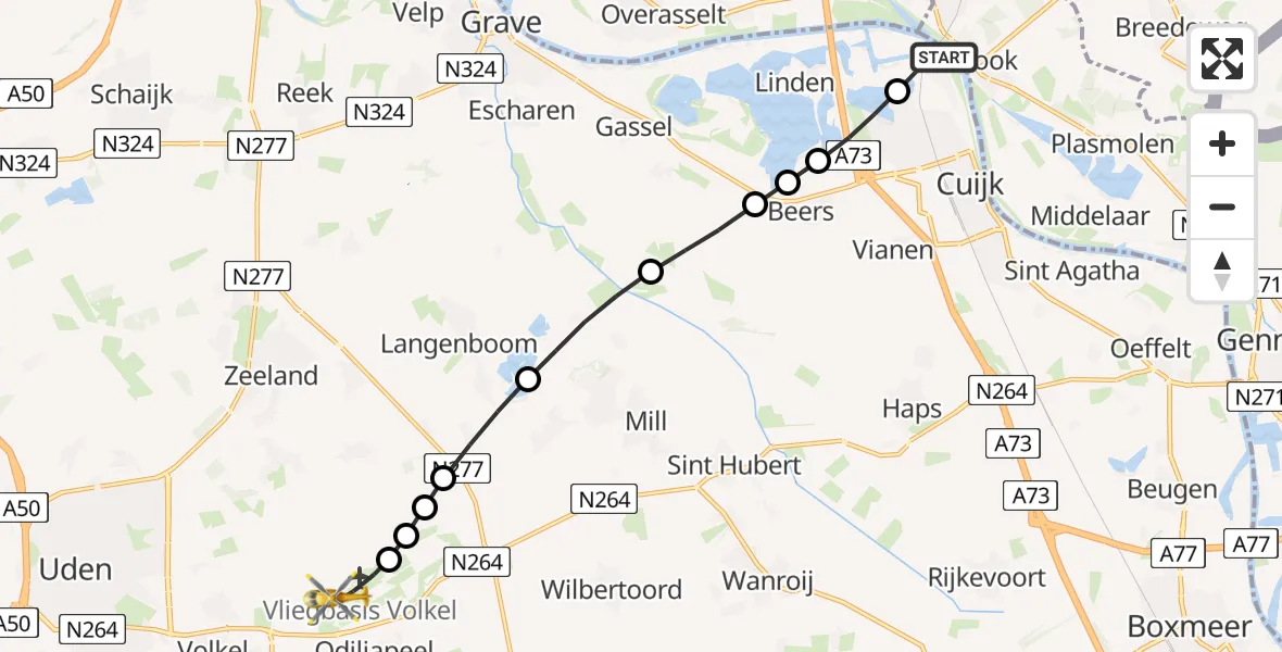 Vluchtroute Traumahelikopter van Katwijk NB naar Vliegbasis Volkel
