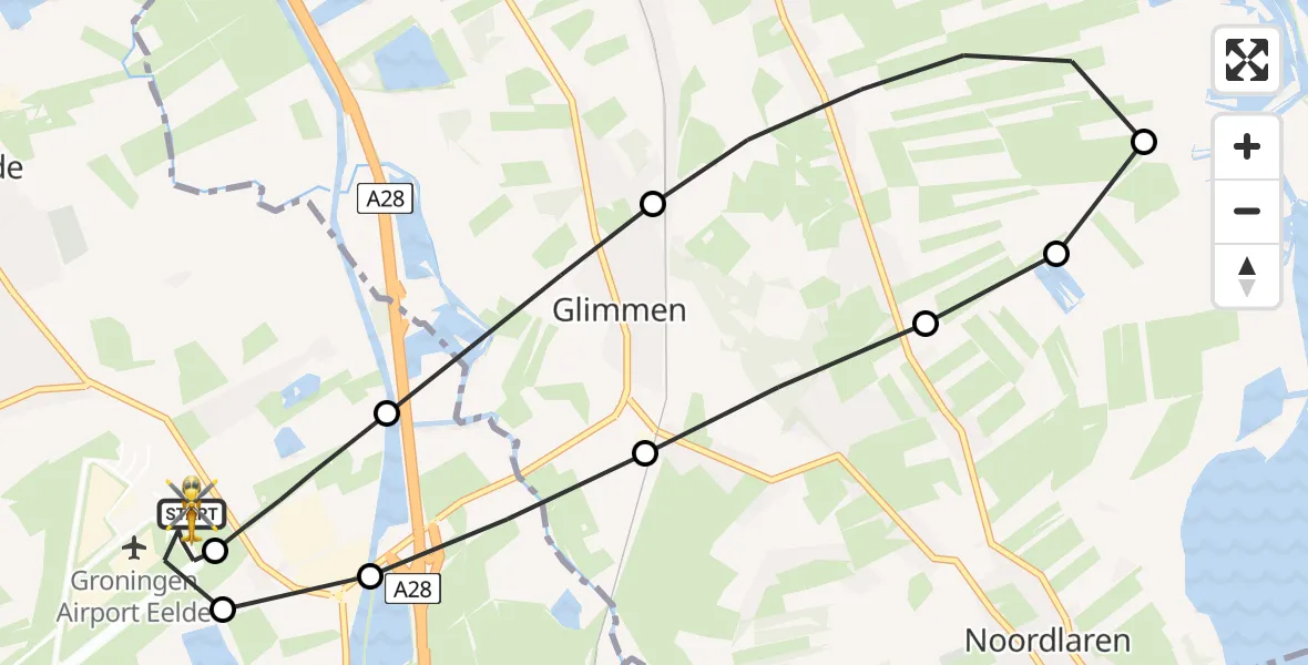 Vluchtroute Traumahelikopter van Groningen Airport Eelde naar Groningen Airport Eelde