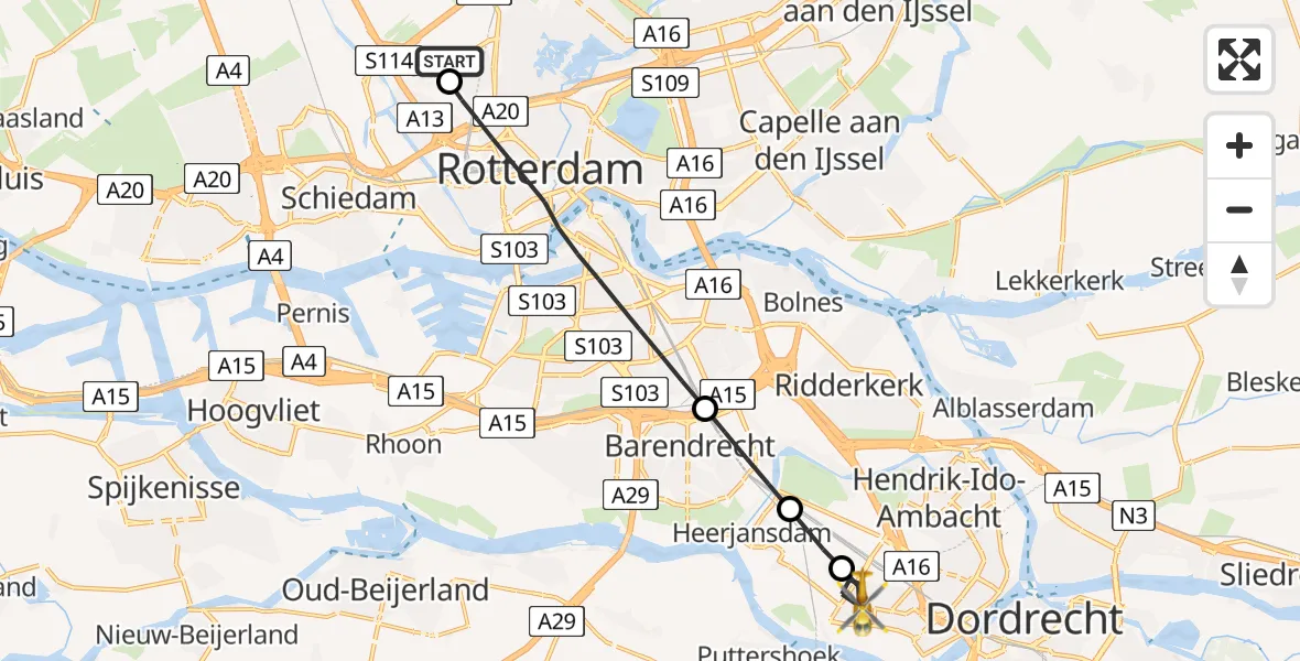 Vluchtroute Traumahelikopter van Rotterdam The Hague Airport naar Zwijndrecht