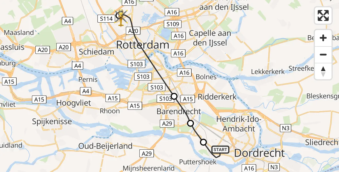 Vluchtroute Traumahelikopter van Zwijndrecht naar Rotterdam The Hague Airport
