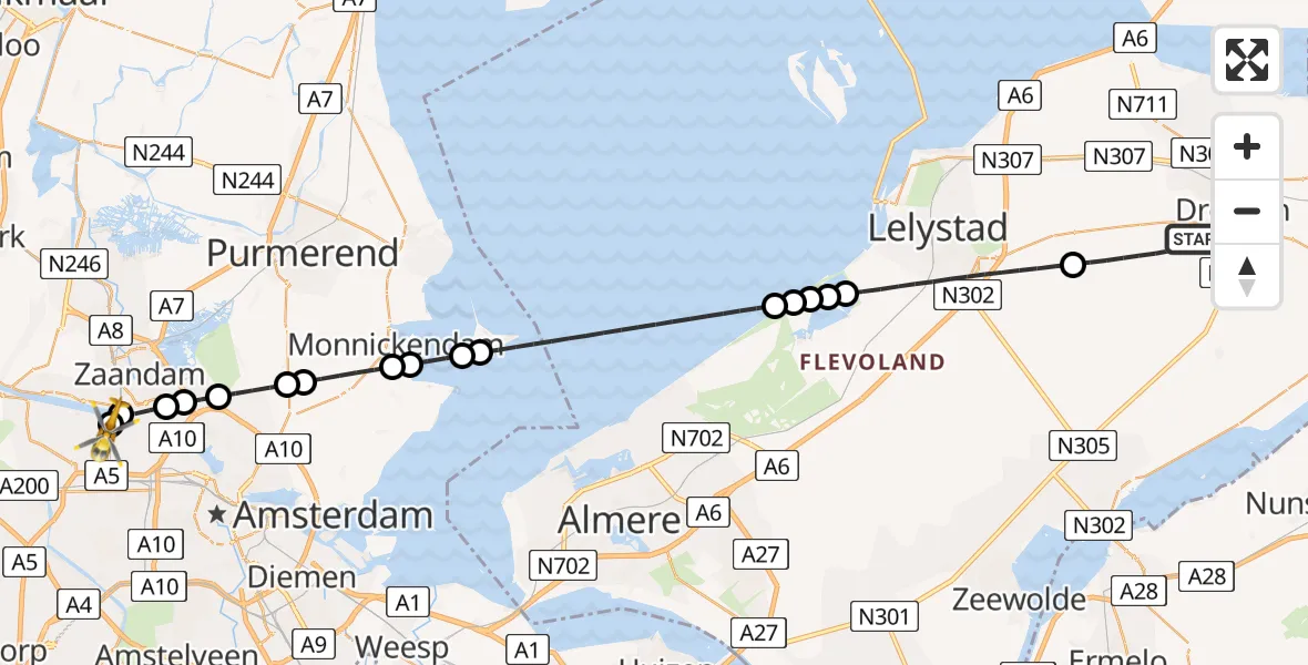 Vluchtroute Traumahelikopter van Dronten naar Amsterdam Heliport