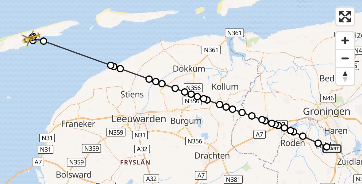 Vluchtroute Traumahelikopter van Groningen Airport Eelde naar Hoorn