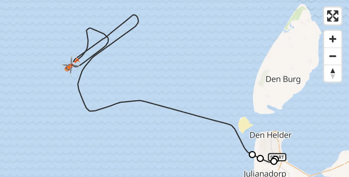 Vluchtroute Kustwachthelikopter van Militair vliegveld De Kooy / Den Helder Airport naar Noordzee