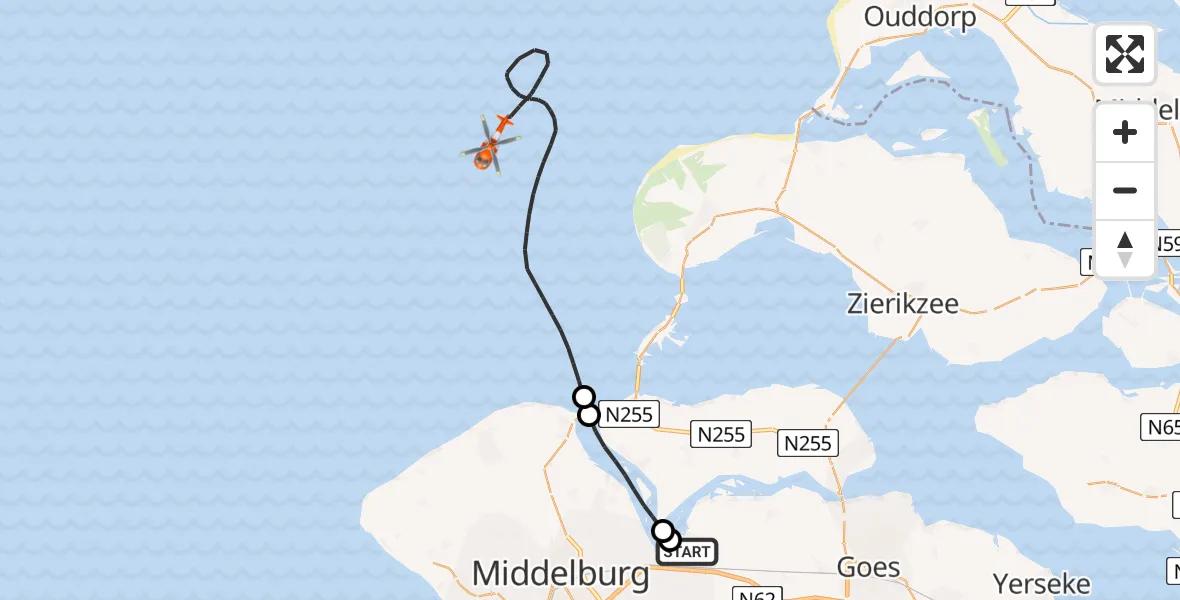 Vluchtroute Kustwachthelikopter van Vliegveld Midden-Zeeland naar Noordzee