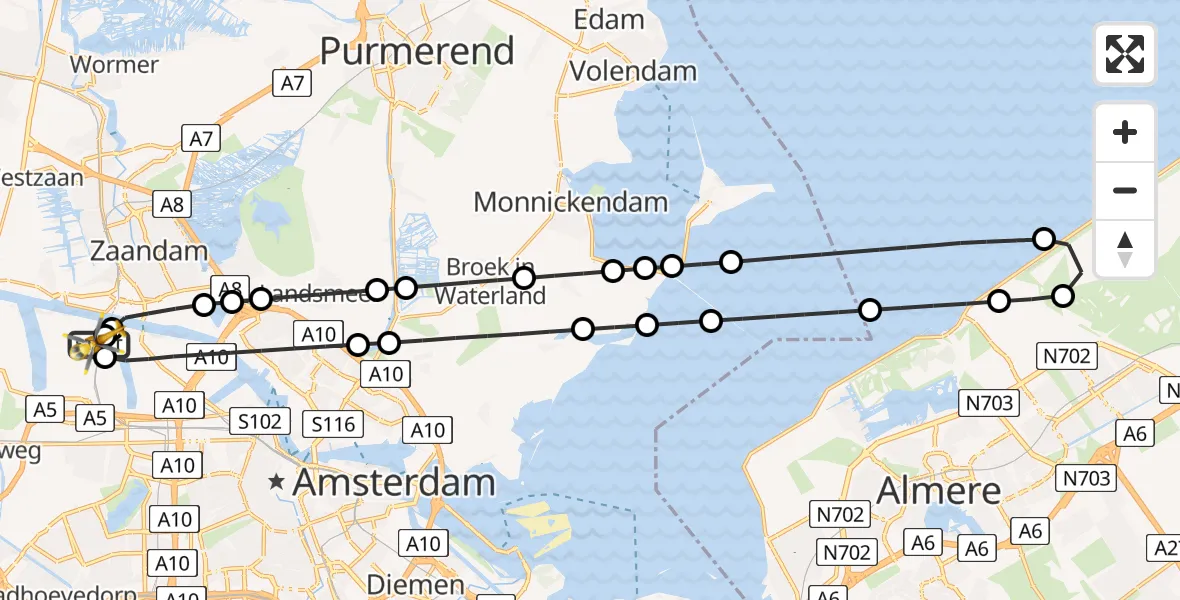 Vluchtroute Traumahelikopter van Amsterdam Heliport naar Amsterdam Heliport