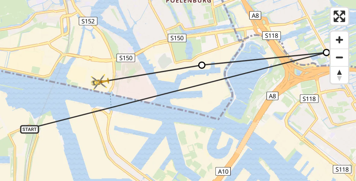 Vluchtroute Traumahelikopter van Amsterdam Heliport naar Zaandam