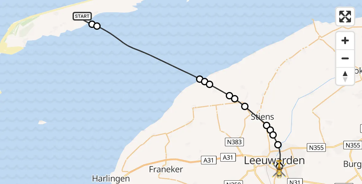 Vluchtroute Ambulancehelikopter van Hoorn naar Leeuwarden Medical Center Heliport
