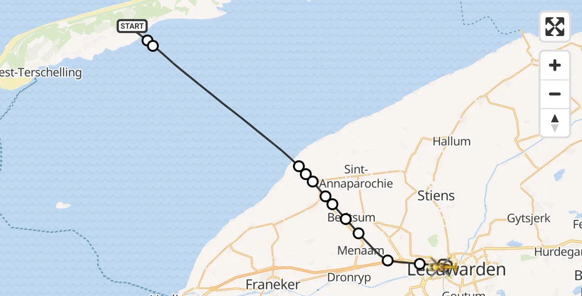 Vluchtroute Traumahelikopter van Hoorn naar Leeuwarden