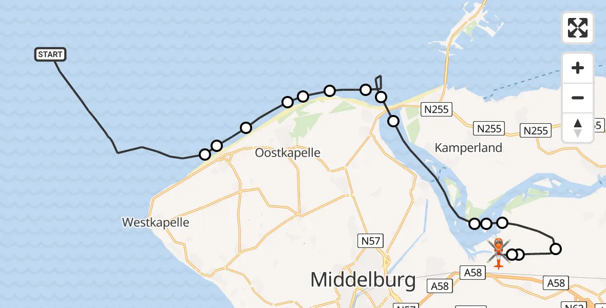 Vluchtroute Kustwachthelikopter van Noordzee naar Vliegveld Midden-Zeeland