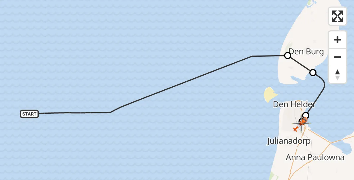 Vluchtroute Kustwachthelikopter van Noordzee naar Militair vliegveld De Kooy / Den Helder Airport