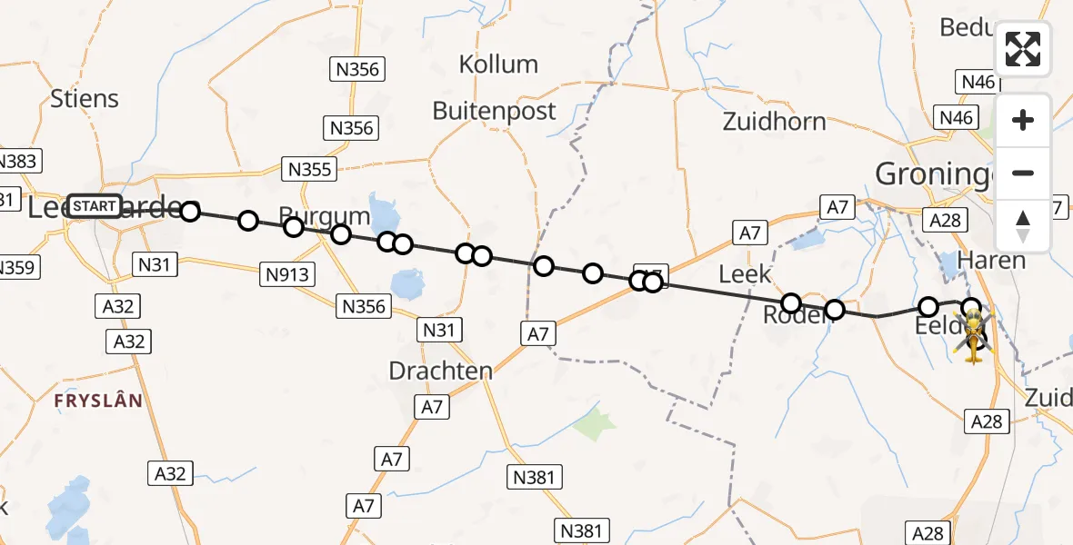 Vluchtroute Traumahelikopter van Leeuwarden naar Groningen Airport Eelde