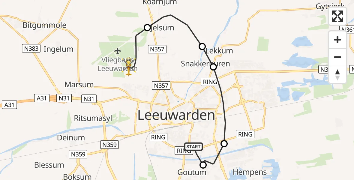 Vluchtroute Ambulancehelikopter van Leeuwarden Medical Center Heliport naar Vliegbasis Leeuwarden