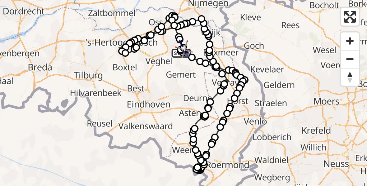 Vluchtroute Politiehelikopter van Vliegbasis Volkel naar Vliegbasis Volkel