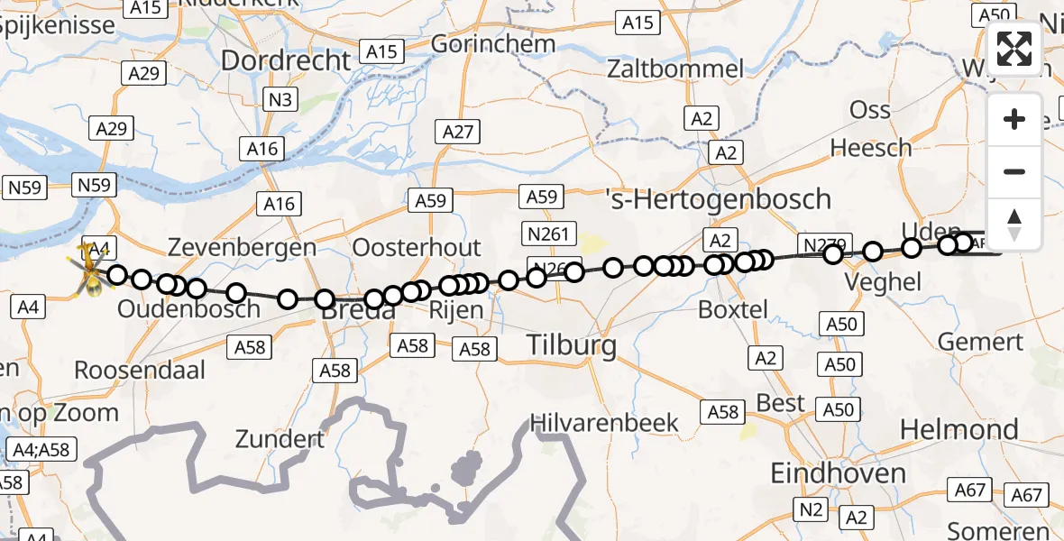 Vluchtroute Traumahelikopter van Vliegbasis Volkel naar Dinteloord