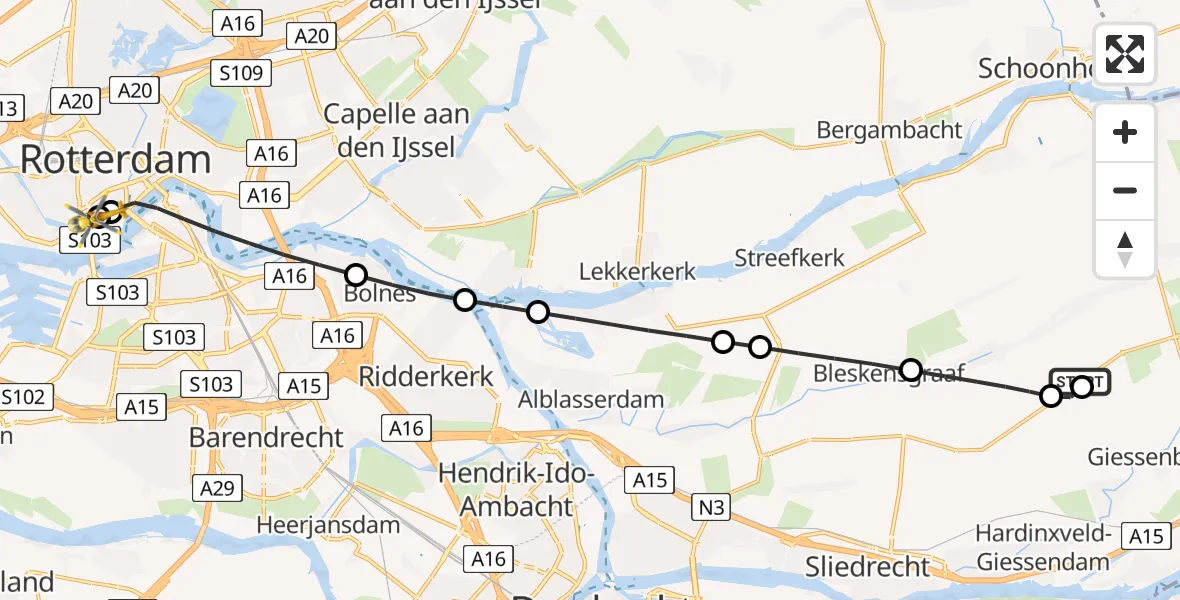 Vluchtroute Traumahelikopter van Ottoland naar Leids Universitair Medisch Centrum (LUMC)