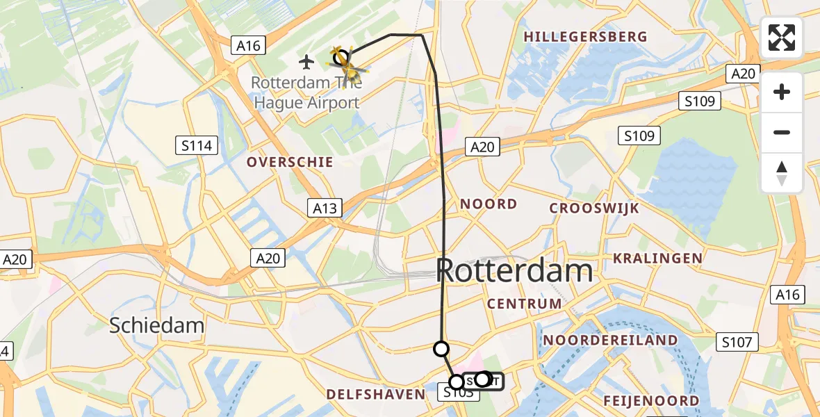 Vluchtroute Traumahelikopter van Leids Universitair Medisch Centrum (LUMC) naar Rotterdam The Hague Airport