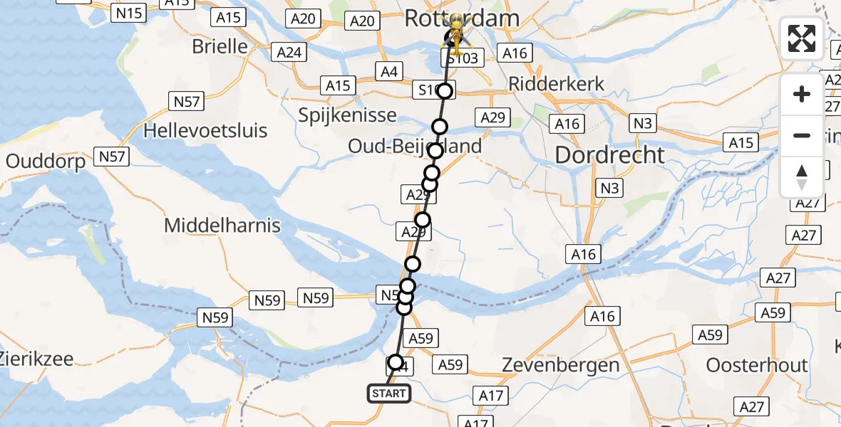 Vluchtroute Traumahelikopter van Dinteloord naar Erasmus MC
