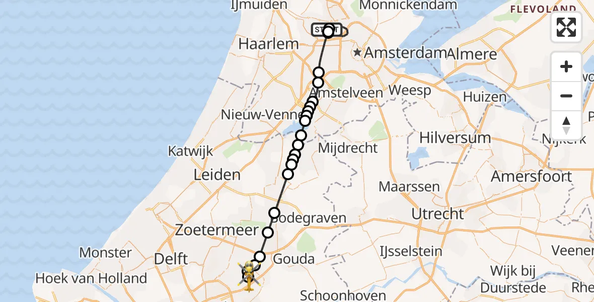 Vluchtroute Traumahelikopter van Amsterdam Heliport naar Rotterdam