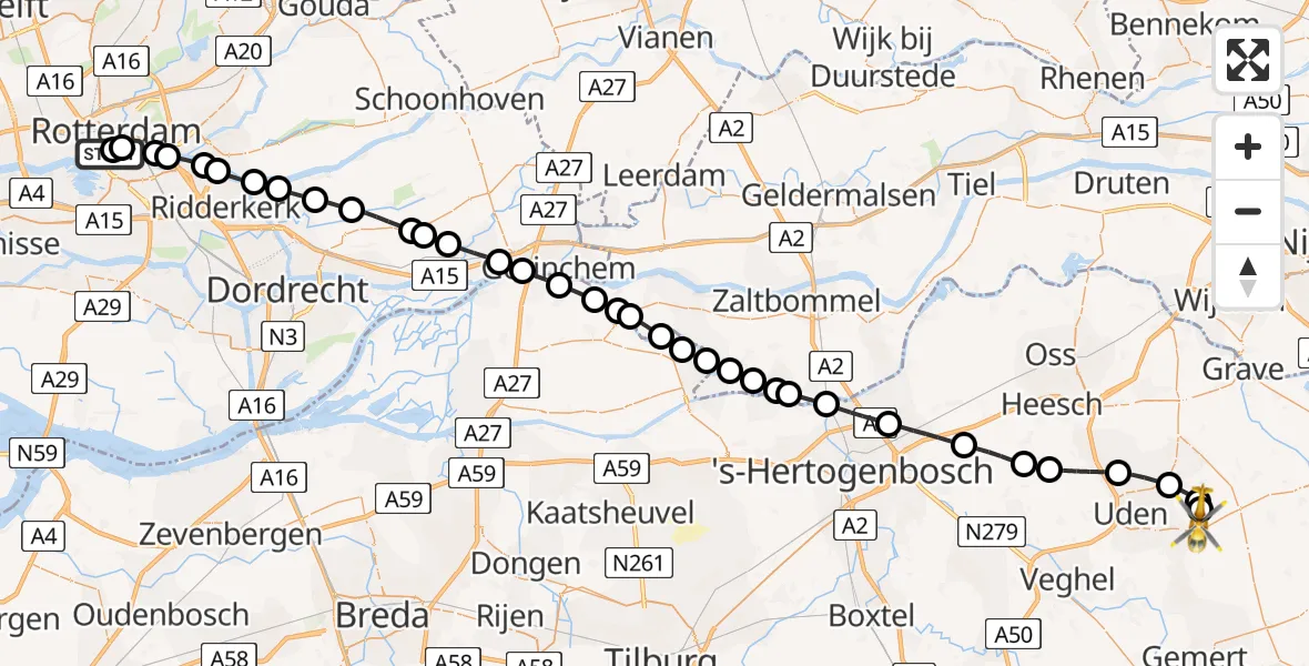 Vluchtroute Traumahelikopter van Erasmus MC naar Vliegbasis Volkel