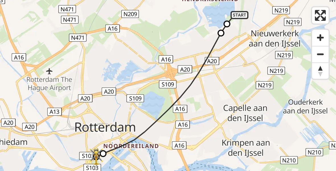 Vluchtroute Traumahelikopter van Rotterdam naar Leids Universitair Medisch Centrum (LUMC)