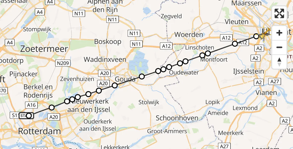 Vluchtroute Traumahelikopter van Rotterdam The Hague Airport naar Utrecht