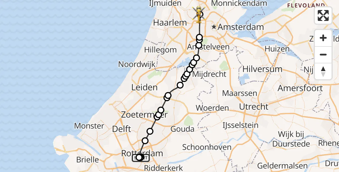 Vluchtroute Traumahelikopter van Leids Universitair Medisch Centrum (LUMC) naar Amsterdam Heliport