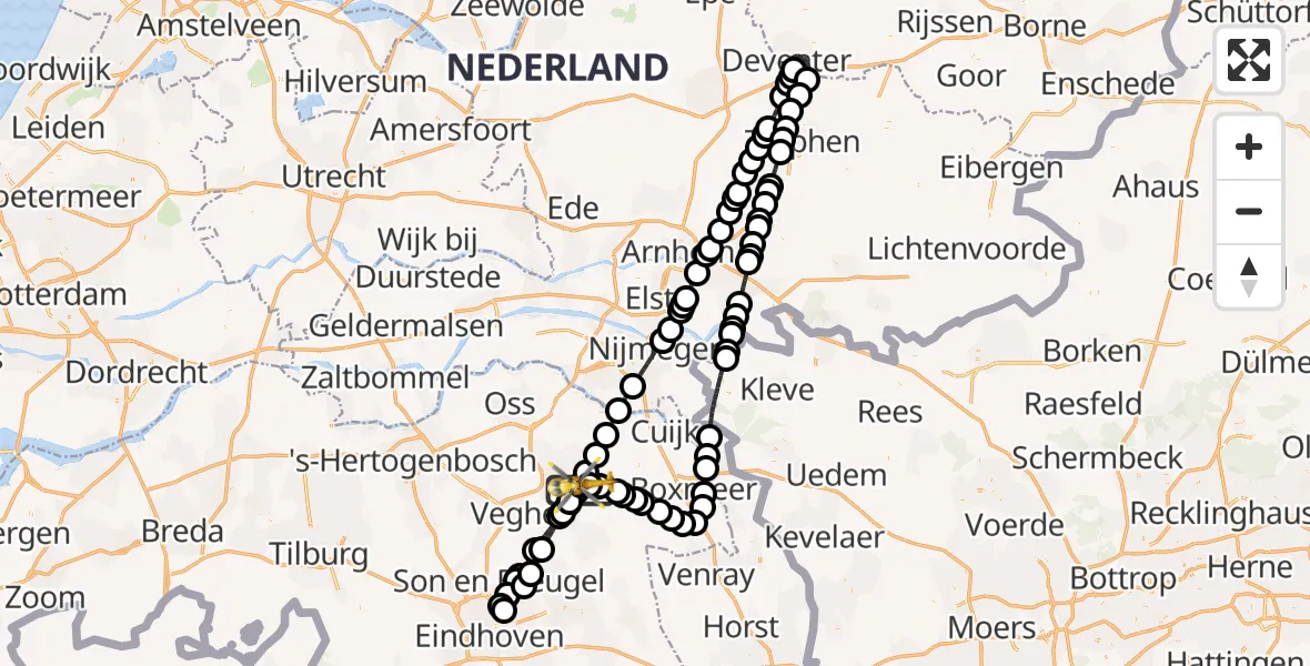 Vluchtroute Traumahelikopter van Vliegbasis Volkel naar Vliegbasis Volkel