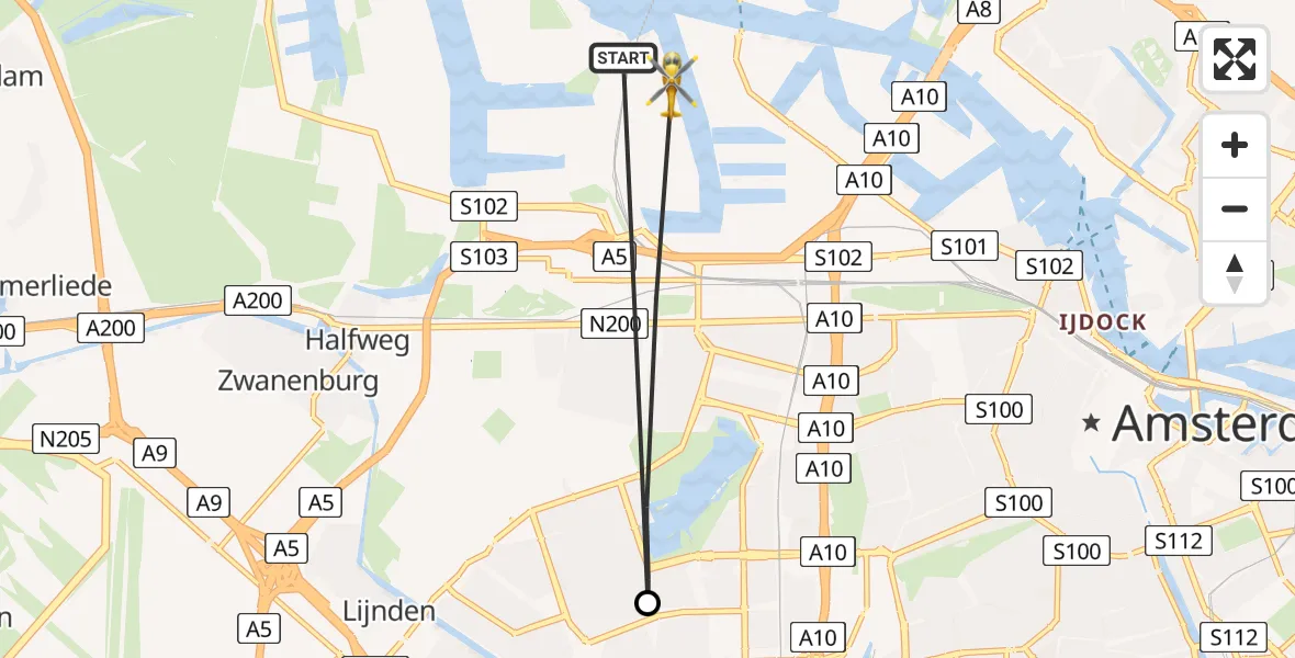 Vluchtroute Traumahelikopter van Amsterdam Heliport naar Amsterdam