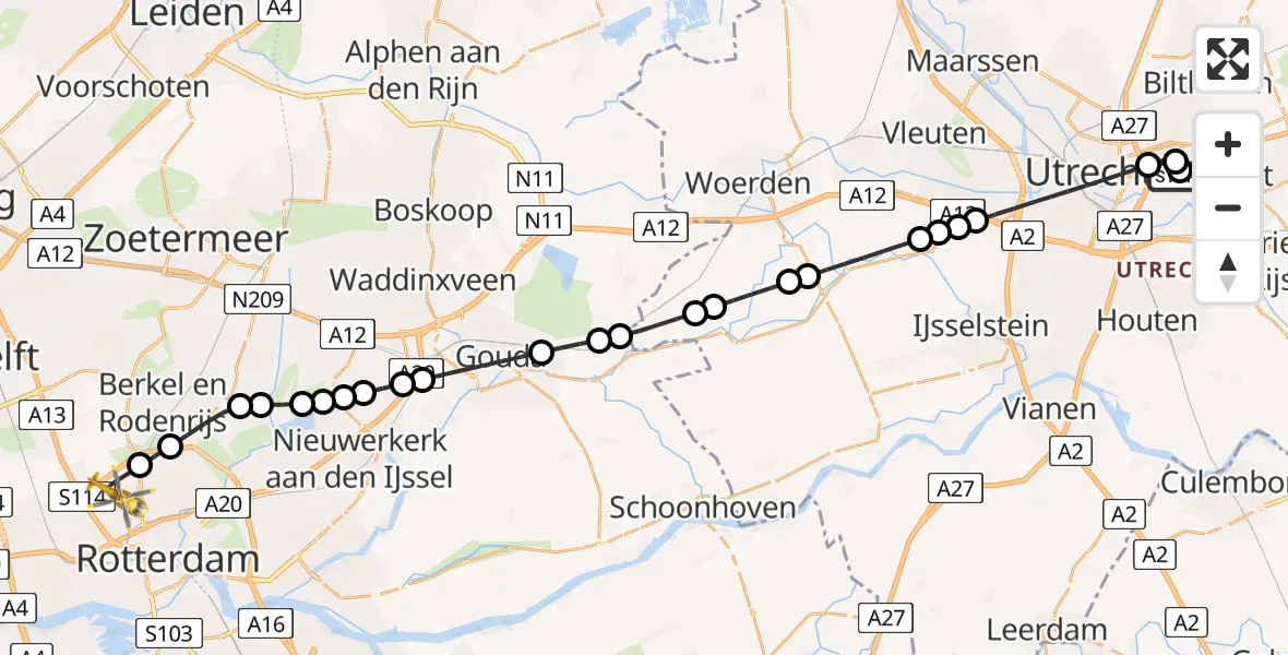 Vluchtroute Traumahelikopter van Universitair Medisch Centrum Utrecht naar Rotterdam The Hague Airport