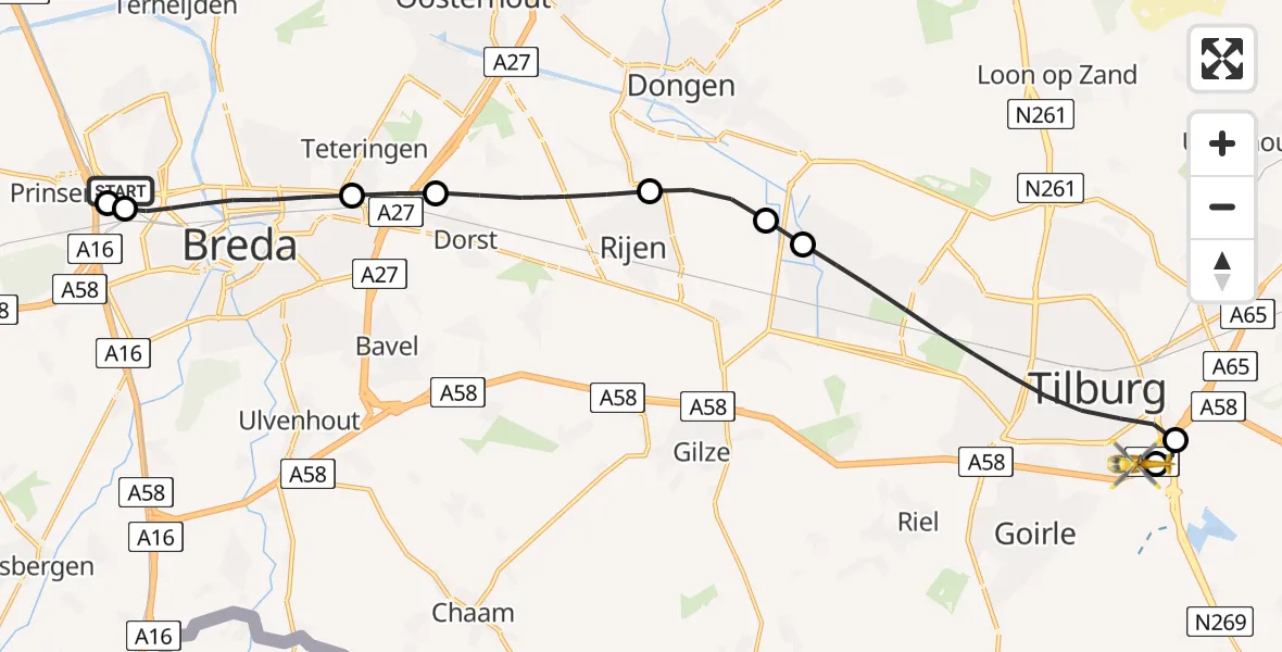 Vluchtroute Traumahelikopter van Breda naar St. Elisabeth Hospital Heliport