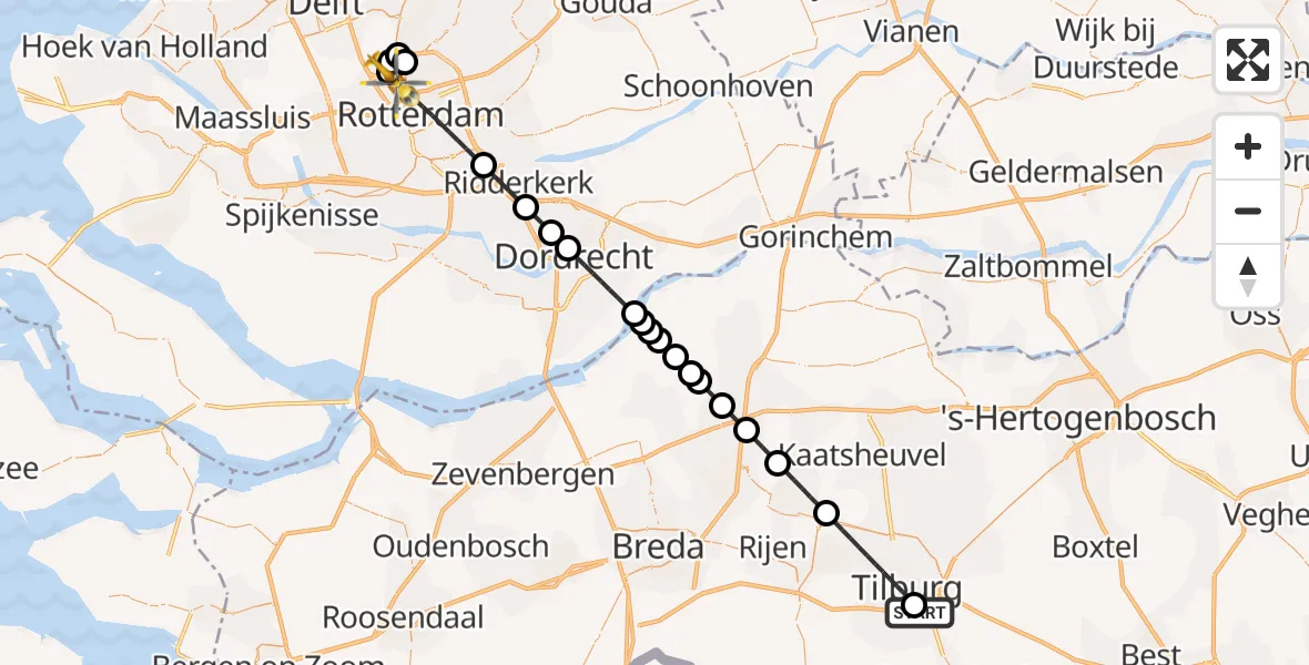 Vluchtroute Traumahelikopter van St. Elisabeth Hospital Heliport naar Rotterdam The Hague Airport