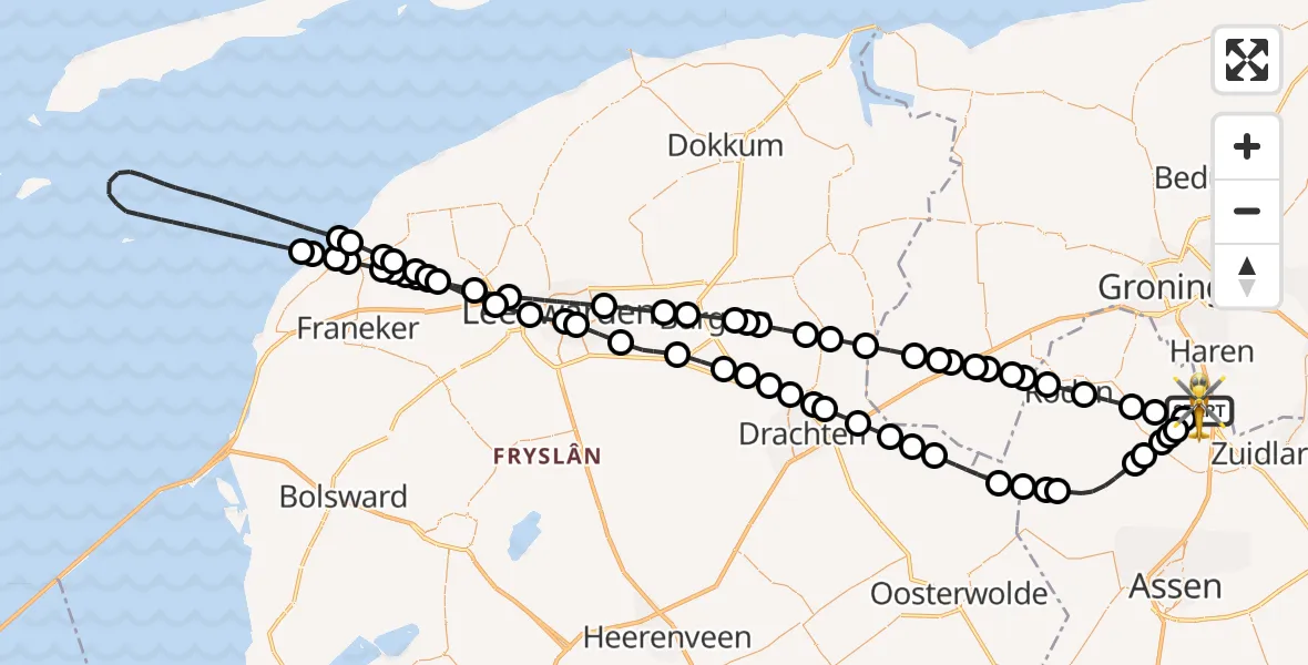 Vluchtroute Traumahelikopter van Groningen Airport Eelde naar Groningen Airport Eelde