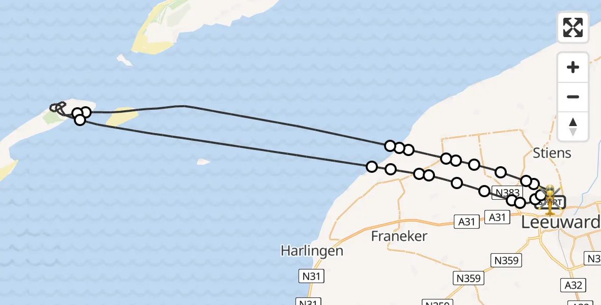 Vluchtroute Ambulancehelikopter van Vliegbasis Leeuwarden naar Vliegbasis Leeuwarden