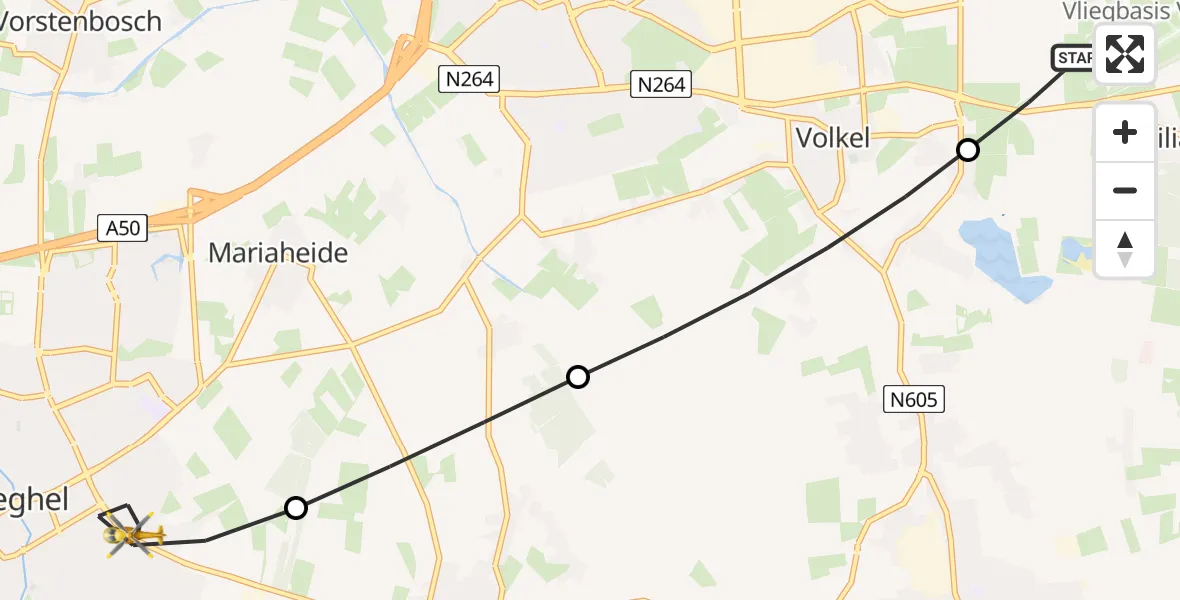 Vluchtroute Traumahelikopter van Vliegbasis Volkel naar Veghel