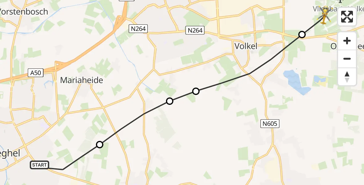 Vluchtroute Traumahelikopter van Veghel naar Vliegbasis Volkel