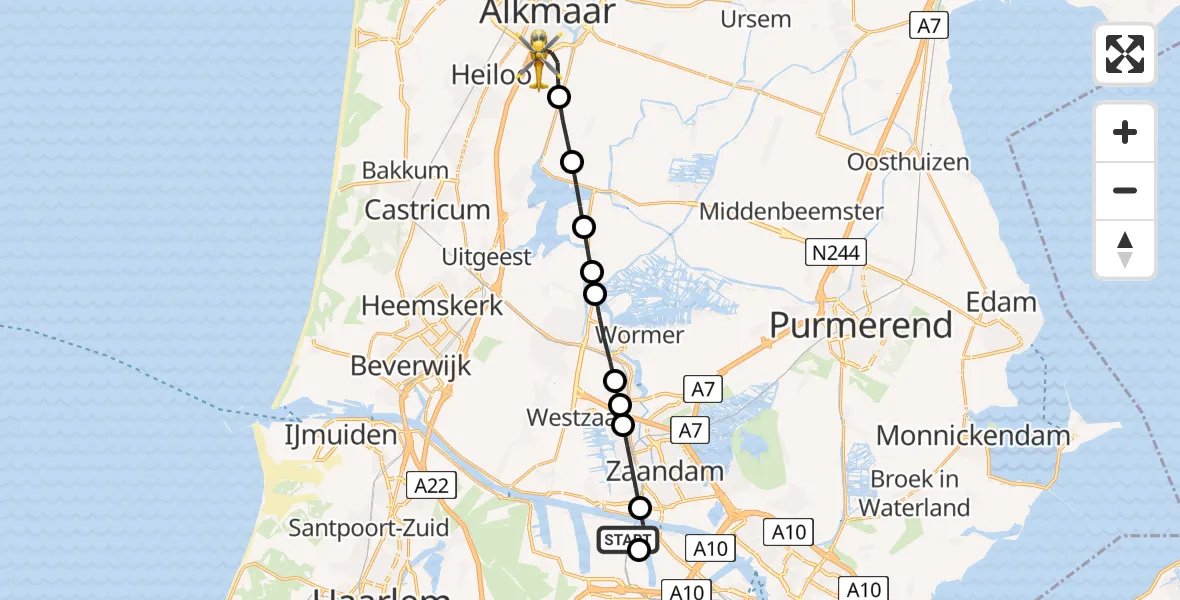 Vluchtroute Traumahelikopter van Amsterdam Heliport naar Alkmaar