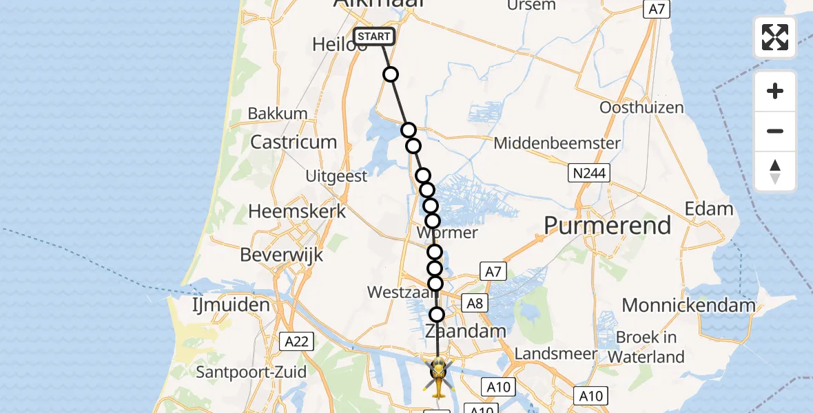 Vluchtroute Traumahelikopter van Alkmaar naar Amsterdam Heliport