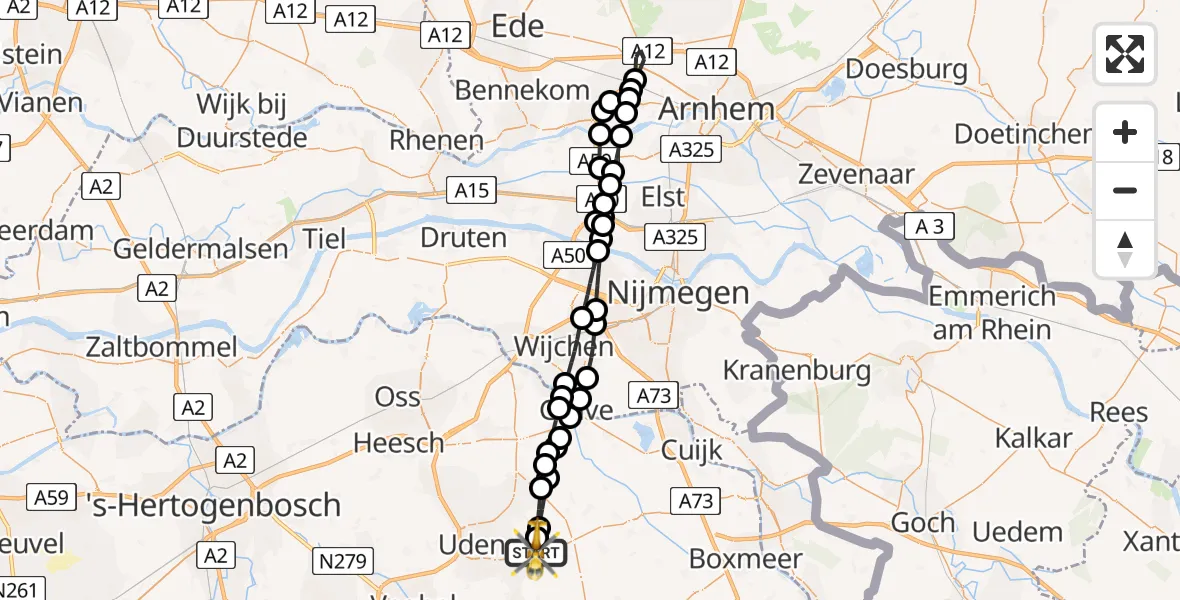 Vluchtroute Traumahelikopter van Vliegbasis Volkel naar Vliegbasis Volkel