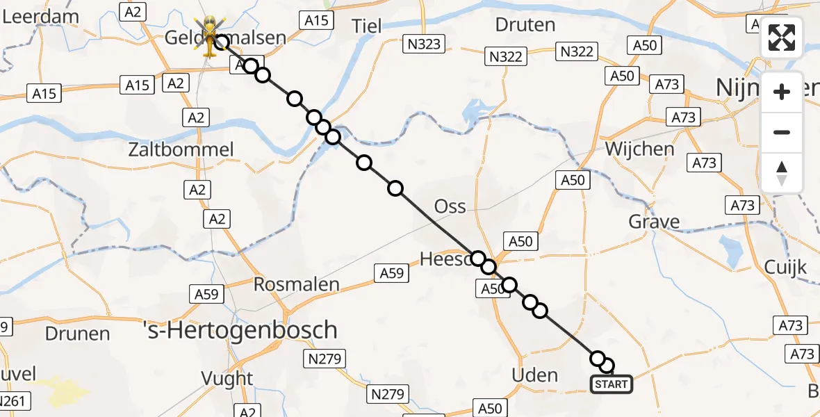 Vluchtroute Traumahelikopter van Vliegbasis Volkel naar Geldermalsen