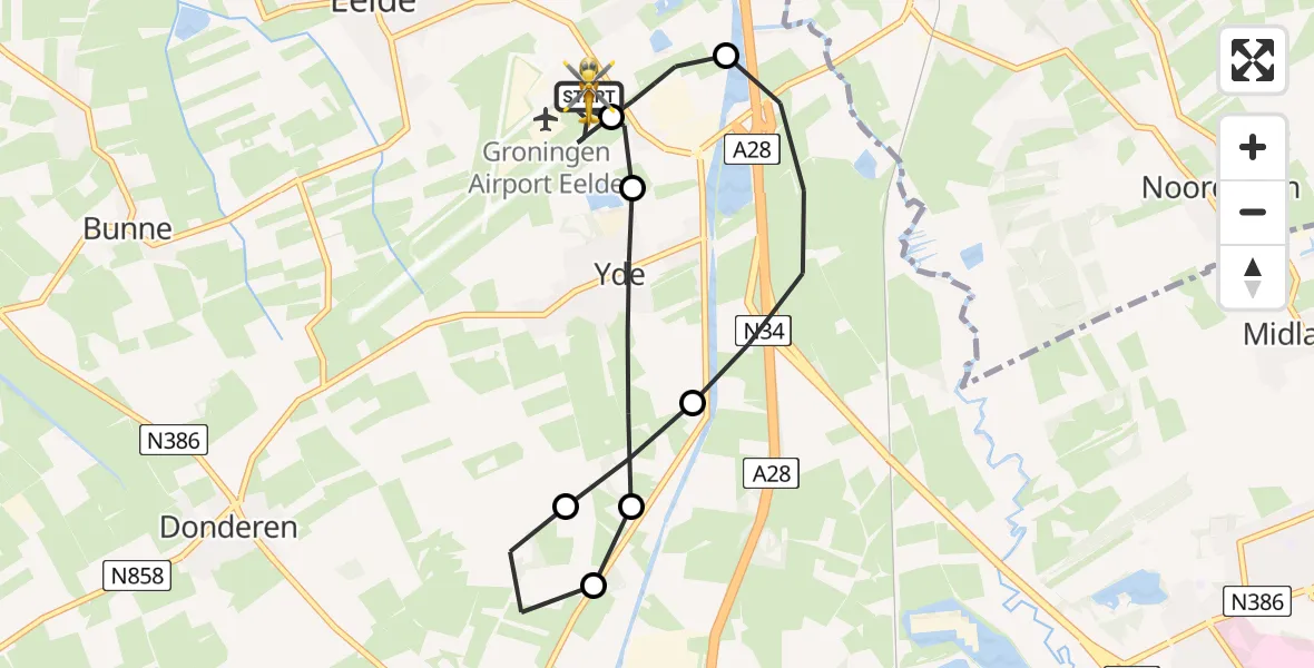 Vluchtroute Traumahelikopter van Groningen Airport Eelde naar Groningen Airport Eelde