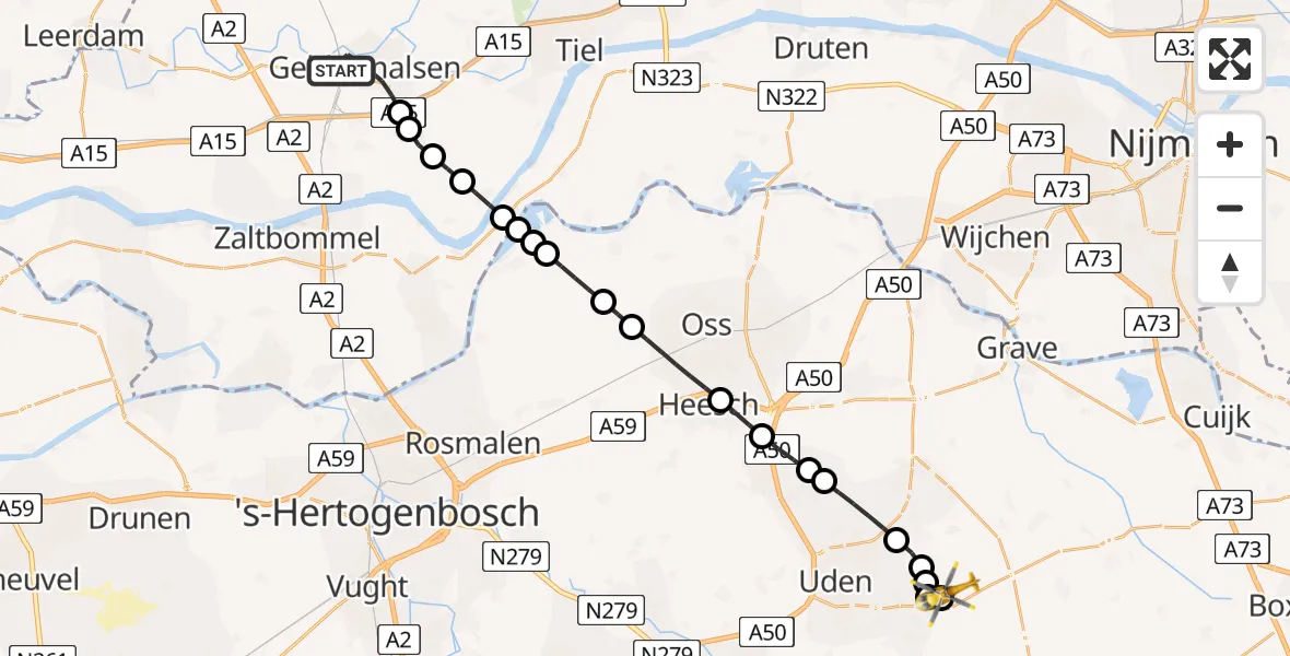 Vluchtroute Traumahelikopter van Geldermalsen naar Vliegbasis Volkel