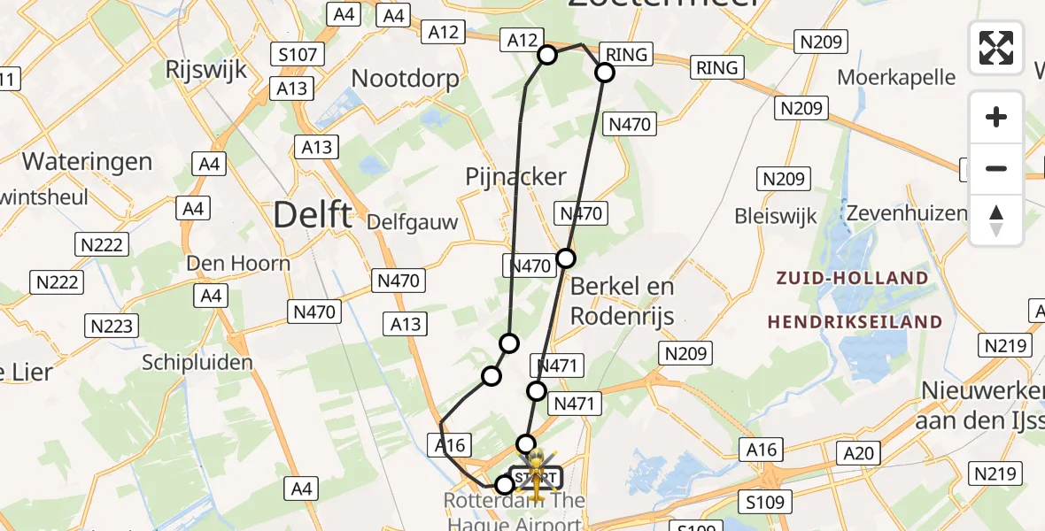 Vluchtroute Traumahelikopter van Rotterdam The Hague Airport naar Rotterdam The Hague Airport
