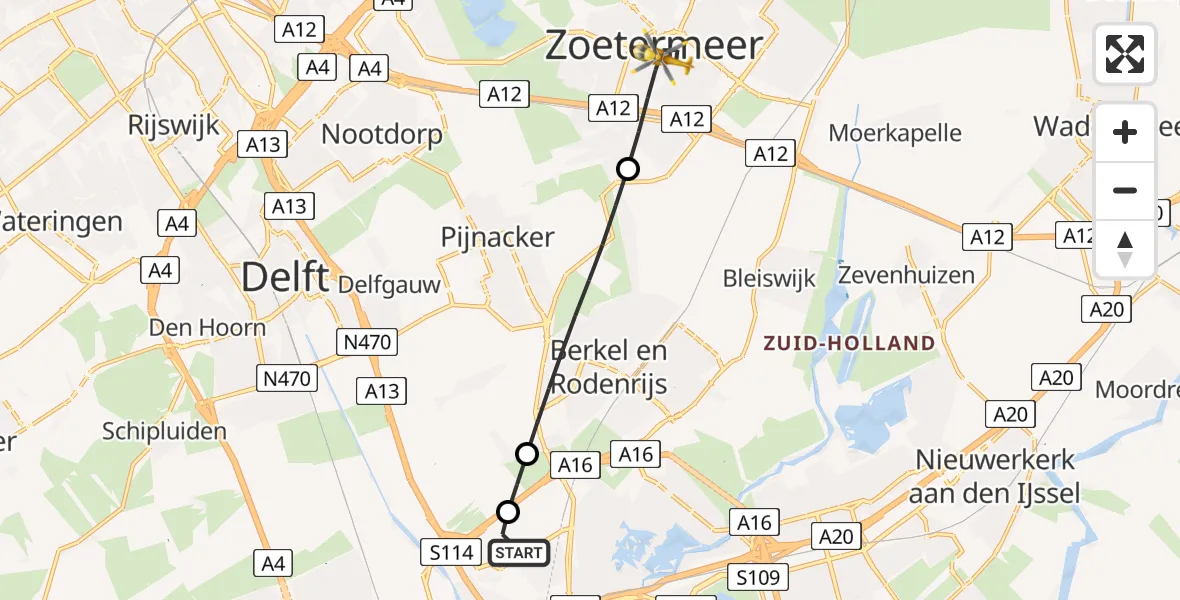 Vluchtroute Traumahelikopter van Rotterdam The Hague Airport naar Zoetermeer