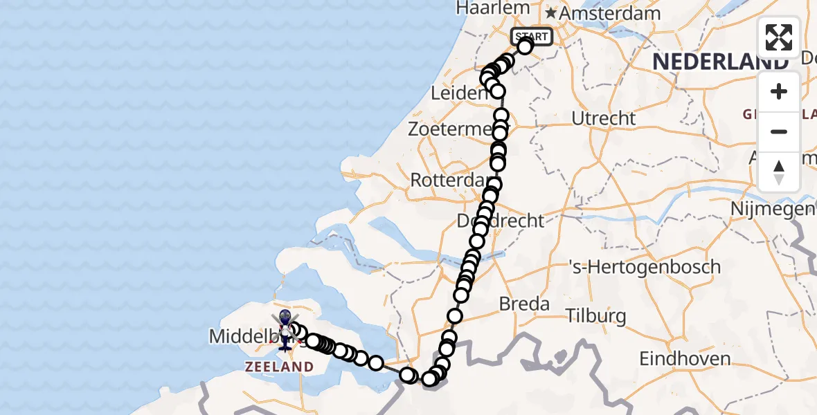 Vluchtroute Politiehelikopter van Amsterdam Vliegveld Schiphol naar Vliegveld Midden-Zeeland
