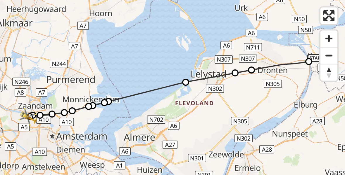 Vluchtroute Traumahelikopter van Kampen naar Amsterdam Heliport