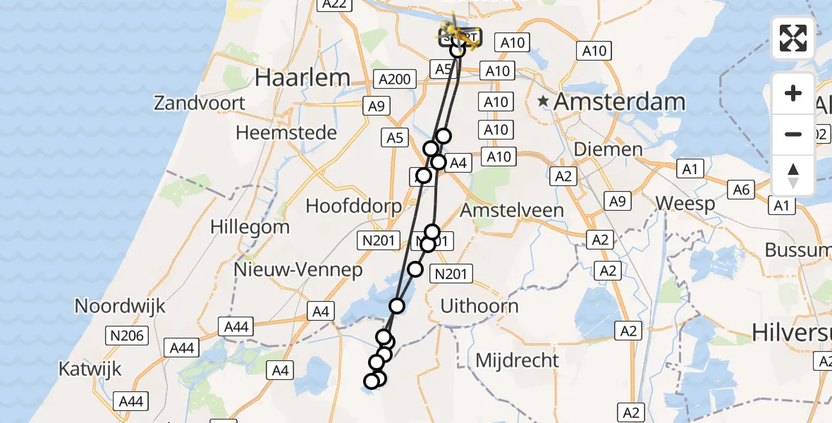 Vluchtroute Traumahelikopter van Amsterdam Heliport naar Amsterdam Heliport